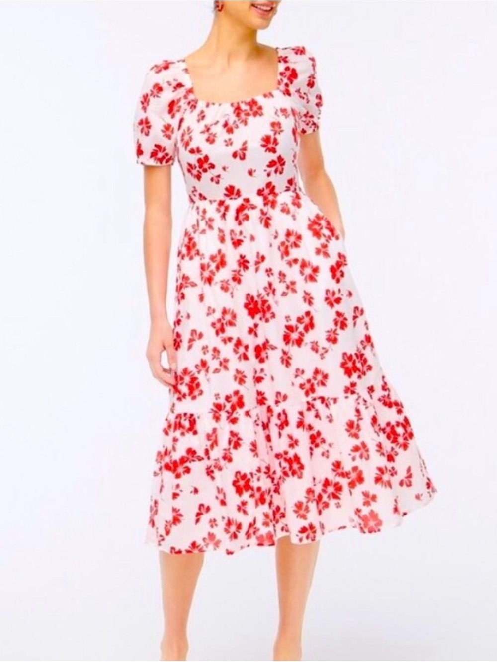 J. Crew Floral puff-sleeve tiered midi dress (Sz XL) White and Red Floral Cotton